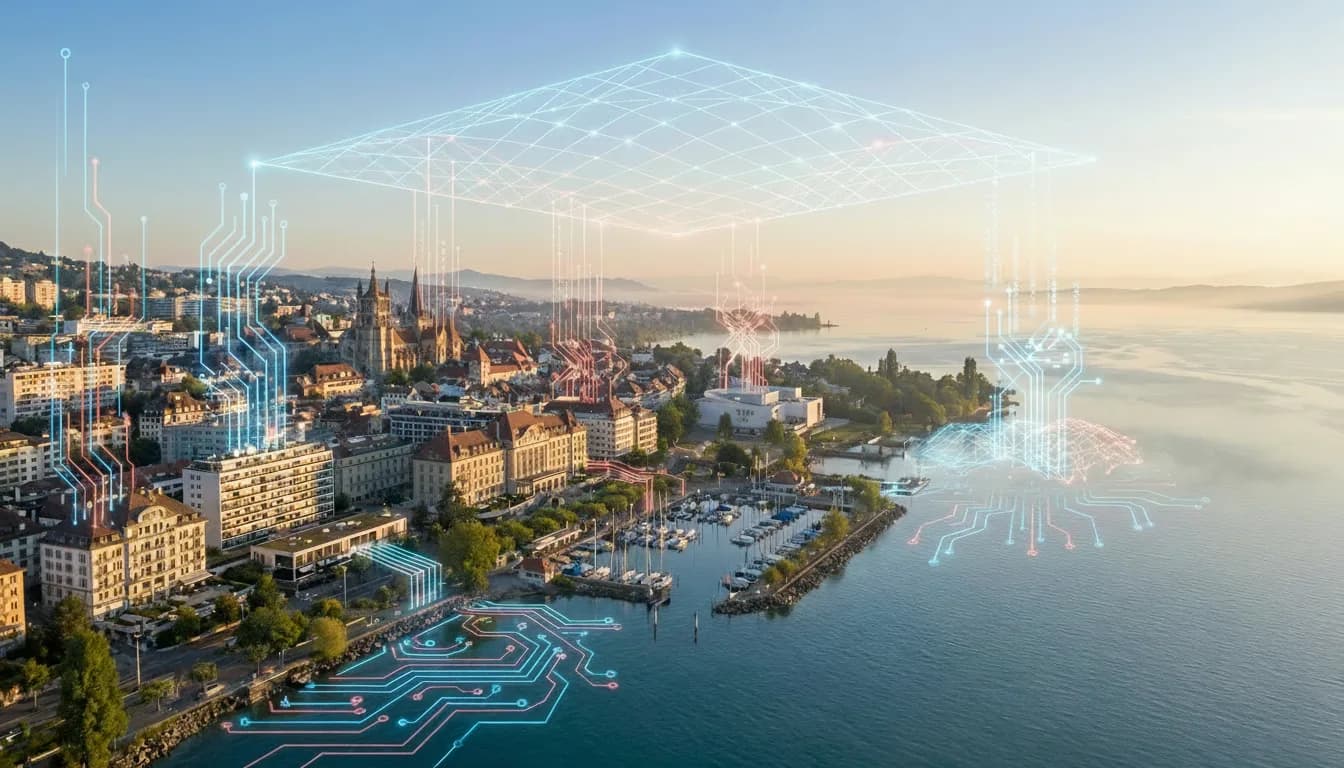 Vue aérienne de Lausanne avec réseau IA - Fiduciaire suisse automatisation comptabilité - Intelligence artificielle cabinet comptable