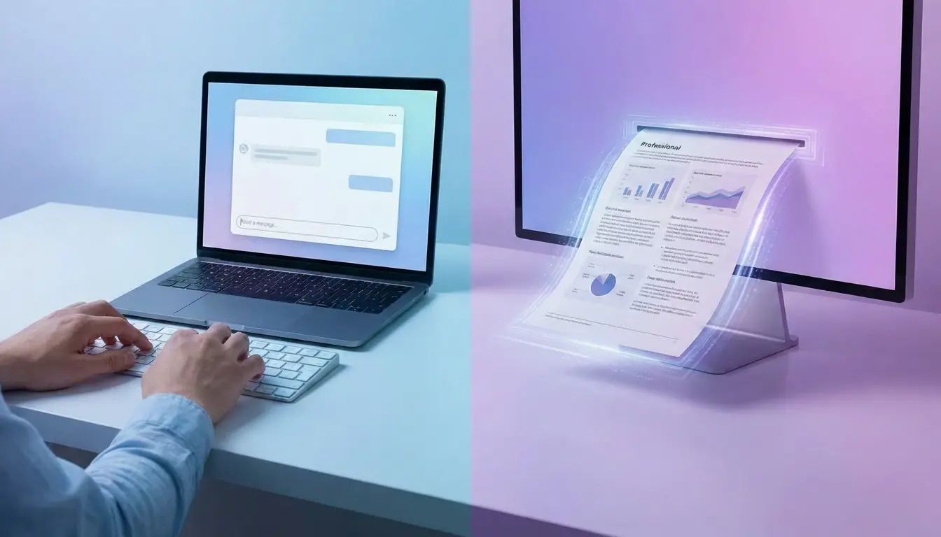 Prompt engineering split screen - Rédaction prompt IA à gauche, document professionnel généré à droite - Techniques ChatGPT Claude