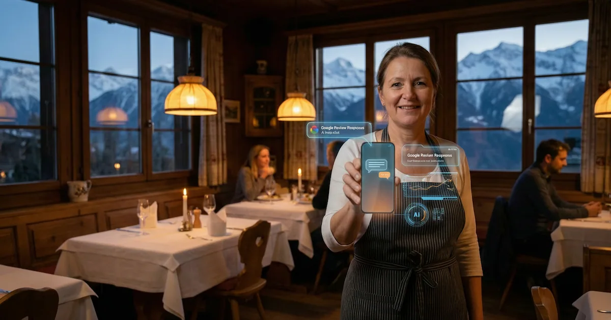 Restaurateur du Valais avec smartphone affichant réponse IA aux avis Google - Hôtellerie restauration Suisse romande automatisation - Intelligence artificielle PME Sierre Villeneuve