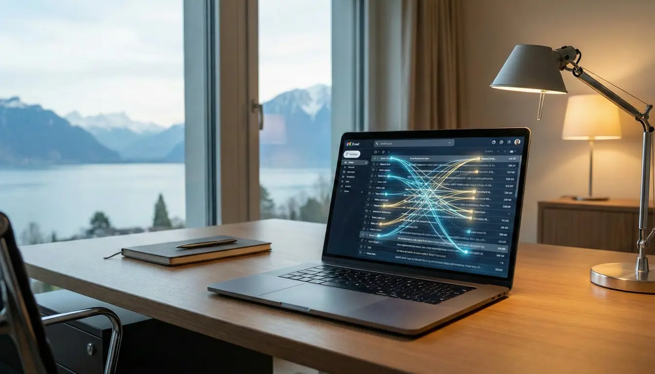 Bureau professionnel avec laptop affichant boîte email et IA - Automatisation emails PME suisse - Guide pratique productivité