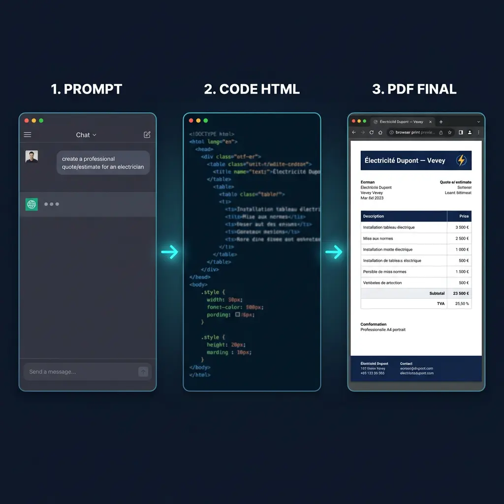 Exemple de création d'un devis professionnel avec l'IA : du prompt au code HTML au PDF final — devis électricien Vevey